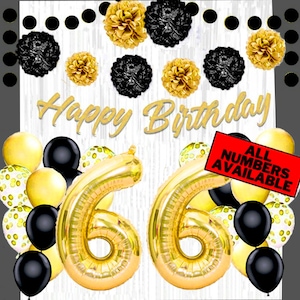 Gold & Black 66th Birthday Decorations for Women - 40&quot; Number Balloons, Banner, Foil Curtains, Balloons, Pom Poms - 66th Party Supplies