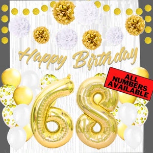 Gold & White 68th Birthday Decorations for Women - 40&quot; Number Balloons, Banner, Foil Curtains, Balloons, Pom Poms - 68th Party Supplies