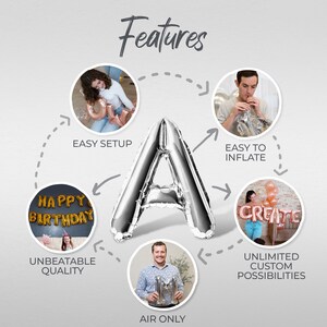 May include: A graphic showing the features of foil letter balloons. The features include easy setup, easy to inflate, unbeatable quality, air only, and unlimited custom possibilities. The graphic shows a silver letter A balloon, a person setting up a balloon, a person inflating a balloon, a person holding a balloon, and a person holding a balloon with the word "CREATE" spelled out.