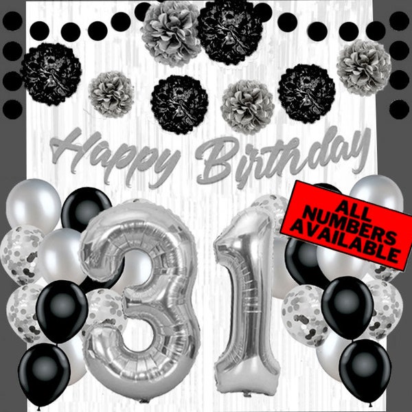 Silver & Black 31st Birthday Decorations for Women - 40" Number Balloons, Banner, Foil Curtains, Balloons, Pom Poms - 31st Party Supplies