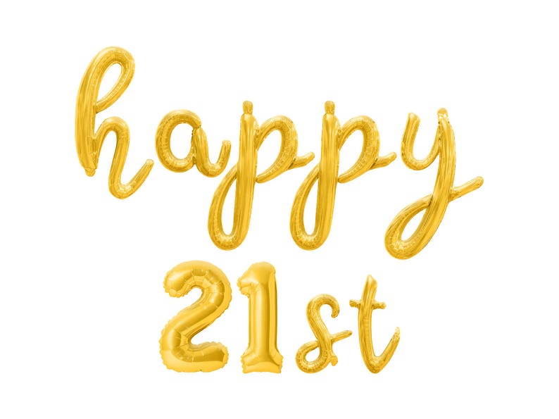HAPPY 21ST Cursive Letter Balloon Banner - Gold, Rose Gold & Silver ...