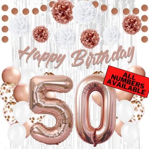 Rose Gold 50th Birthday Decorations for Women - 40&quot; Number Balloons, Banner, Silver Foil Curtains, Balloons, Pom Poms - 50th Party Supplies