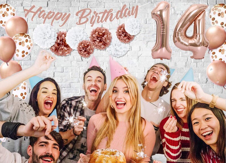 Cartel De Tela Para Decoración De Cumpleaños Número 14 Para Niñas De 14 Años, Cartel De Tela Para Fiesta De Cumpleaños De Niña, Fondo De Foto Rosa Rosa Para Fiesta De
