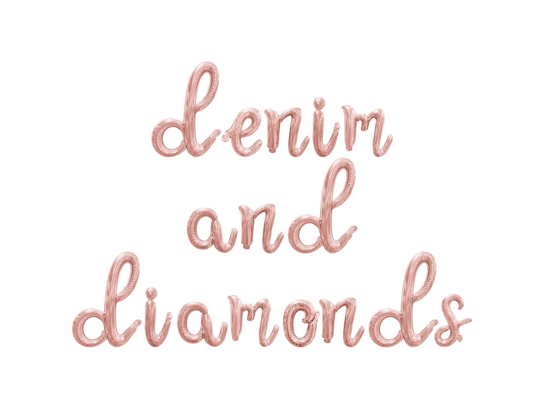 DENIM AND DIAMONDS Cursive Letter Balloon Banner - Gold, Rose Gold ...