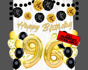 Gold & Black 96th Birthday Decorations for Women - 40" Number Balloons, Banner, Foil Curtains, Balloons, Pom Poms - 96th Party Supplies