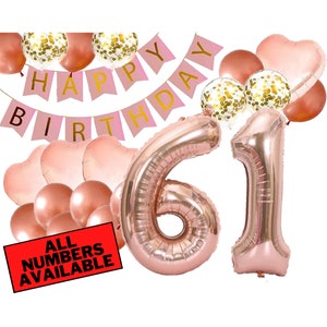 61st Birthday Decorations For Her - Pink and Rose Gold - 61st Birthday Balloons, Banner, Heart and Confetti Balloons - 61 Birthday Decor