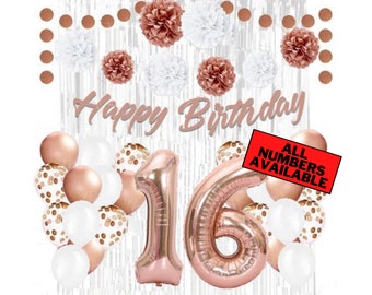 Rose Gold 16th Birthday Decorations for Girls - 40" Number Balloons, Banner, Silver Foil Curtains, Balloons, Pom Poms - Sweet 16 Party