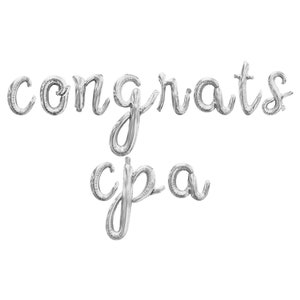 May include: Silver foil balloon letters spelling "congrats cpa" in a cursive font. The balloons are inflated and arranged on a white background. Ideal for a graduation or professional achievement celebration.