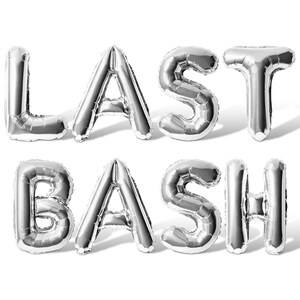 May include: Silver foil balloons spelling out "LAST BASH" against a white background. The balloons are inflated and have a metallic sheen, casting subtle shadows. Ideal for a party or celebration.