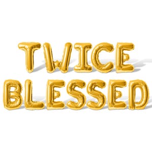 May include: Gold foil balloons spelling out the phrase "Twice Blessed".