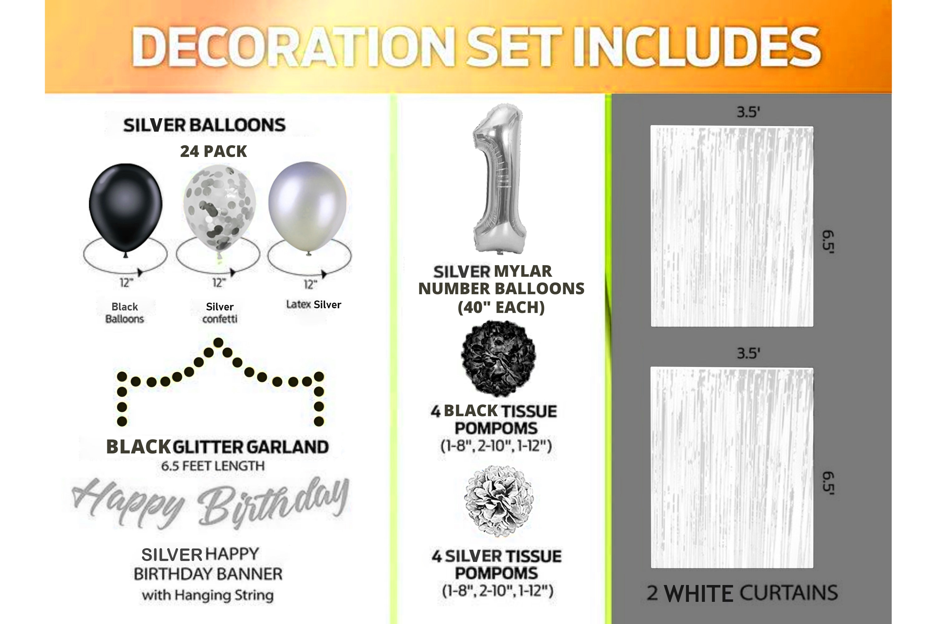 Silver & Black 1st Birthday Decorations for Baby 40 Number Balloon, Banner,  Foil Curtains, Balloons, Pom Poms 1st Party Supplies 