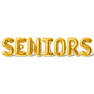 May include: Gold foil balloons spelling out the word "SENIORS".