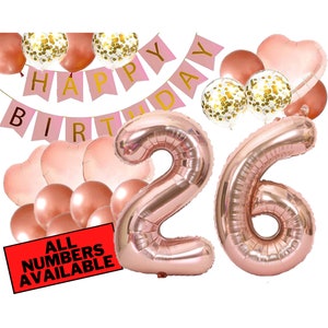 26th Birthday Decorations For Her - Pink and Rose Gold - 26th Birthday Balloons, Banner, Heart and Confetti Balloons - 26 Birthday Decor