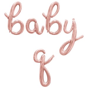 May include: Rose gold foil balloons spelling out the word "baby" in a cursive font. The balloons are inflated and arranged against a white background, ideal for a baby shower or gender reveal party.