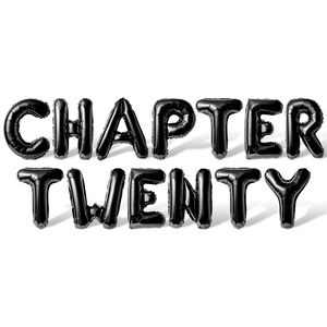 May include: Black balloon letters spell out "CHAPTER TWENTY" against a white background. The balloons are inflated and have a glossy finish, casting shadows. The overall theme suggests a milestone or celebration.