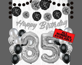 Black & Silver 35th Birthday Decorations for Men - 40" Number Balloons, Banner, Foil Curtains, Balloons, Pom Poms - 35th Party Supplies