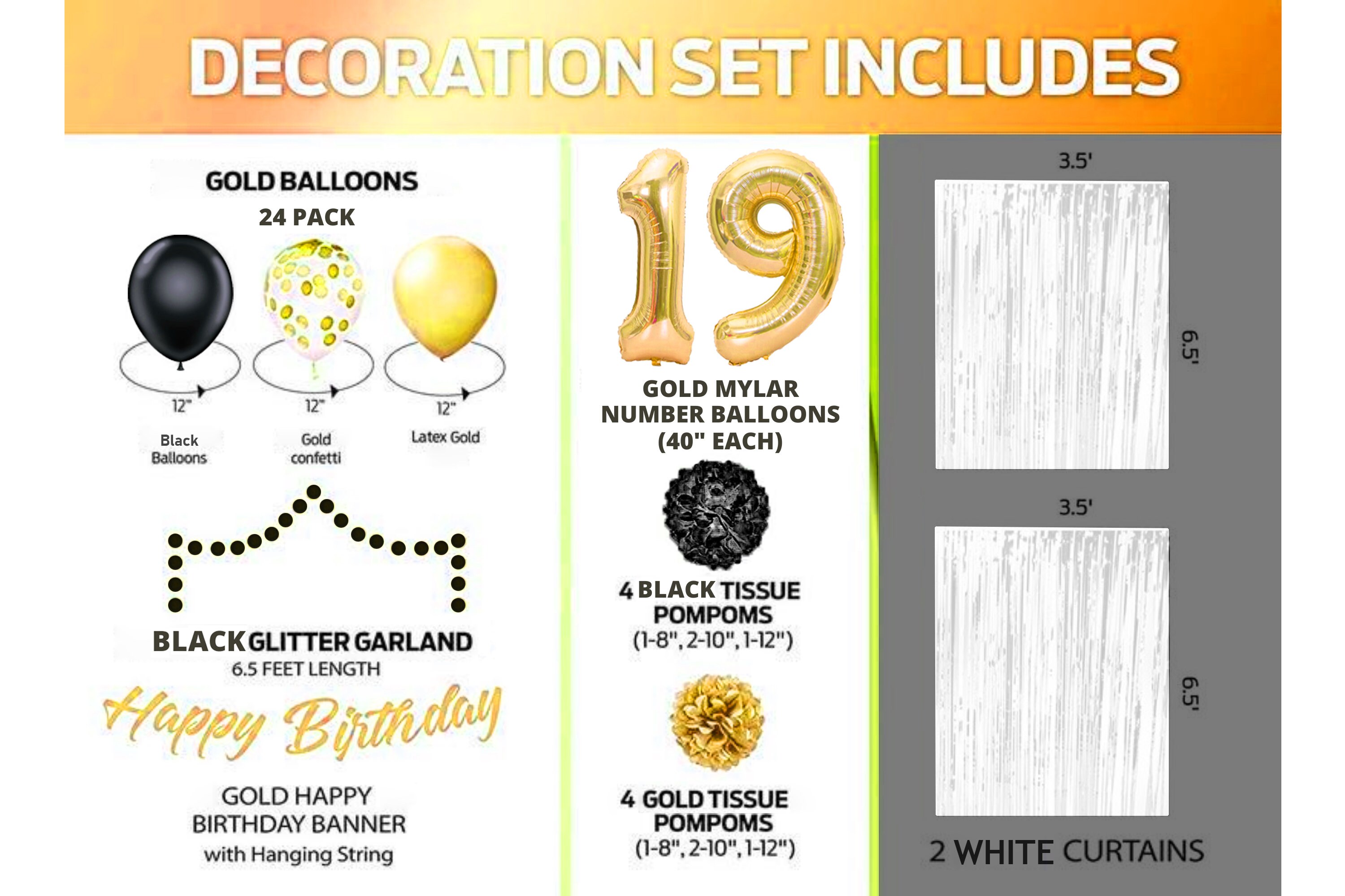 Gold & Black 19th Birthday Decorations for Boy - 40" Number Balloons