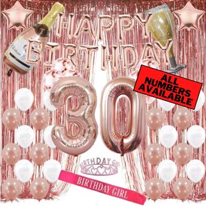 30th Birthday Rose Gold Decorations Incl. 40&quot; Number &quot;30&quot; Balloons, 16&quot; Happy Birthday Balloons, Latex Balloons, Foil Curtains, Tiara & Sash
