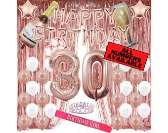 30th Birthday Rose Gold Decorations Incl. 40" Number "30" Balloons, 16" Happy Birthday Balloons, Latex Balloons, Foil Curtains, Tiara & Sash