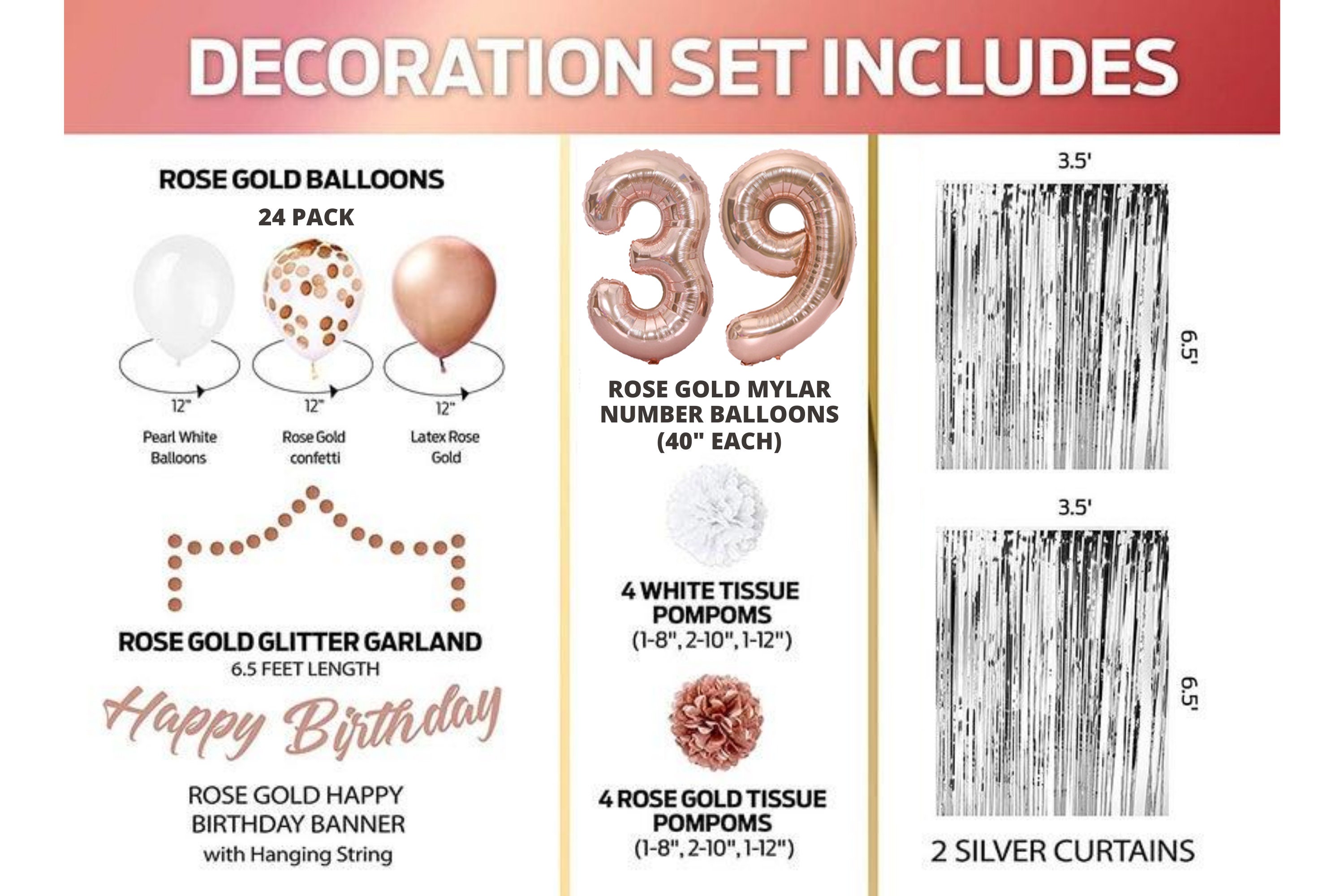 Palloncini Per 39° Compleanno Donna – Decorazione In Oro Rosa – Set Completo Con Numeri, Ghirlanda E Coriandoli – Riutilizzabile Per Feste