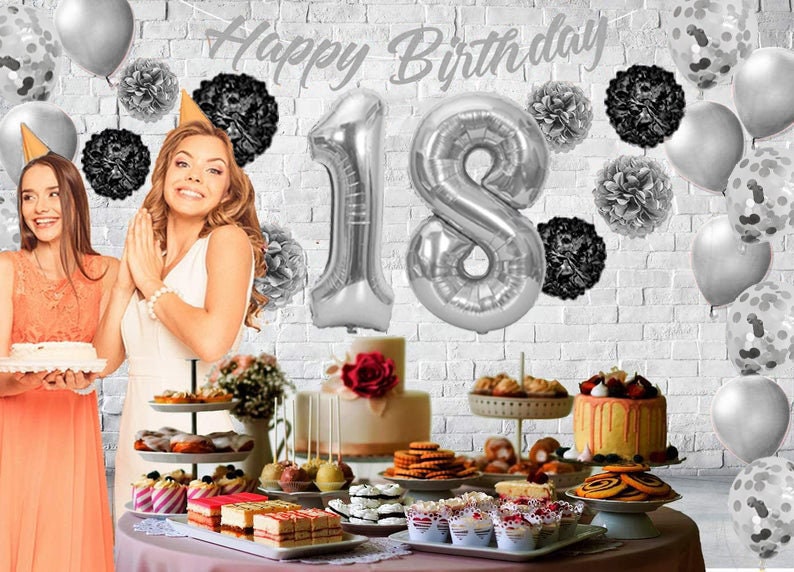 Decorazioni 18 Anni, Blu Argento Striscione Buon Compleanno Palloncini Uomo Donna con Triangolari Ghirlanda Addobbi, Decorazione Confetti Balloons