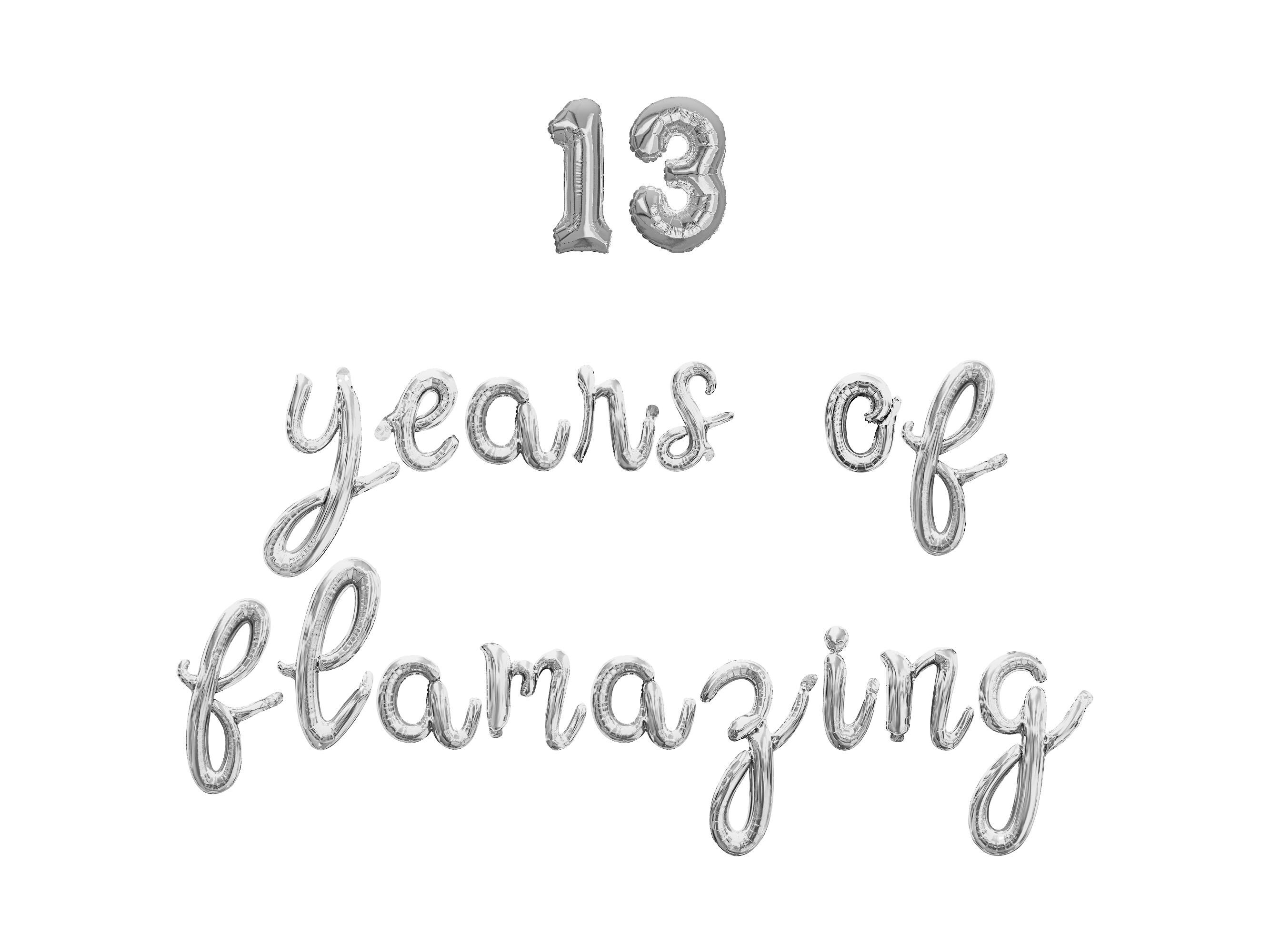 13 YEARS OF FLAMAZING Cursive Letter Balloon Banner - Gold, Rose Gold ...