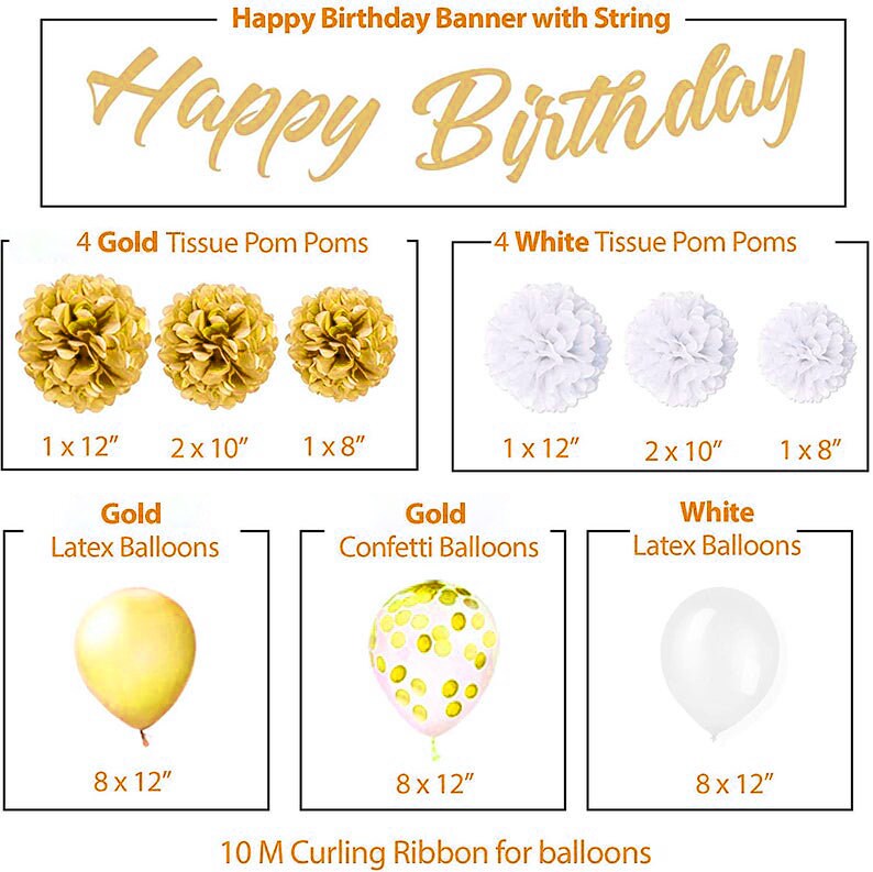 Oro & Blanco 20th cumpleaños decoraciones para los hombres 40 número globos,  estandarte, cortinas de lámina, globos, Pom Poms 20th Party Supplies -   España