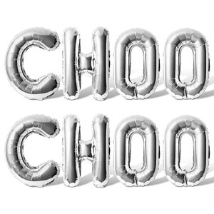 May include: Silver foil balloons spelling out the word "CHOO CHOO" in all caps.