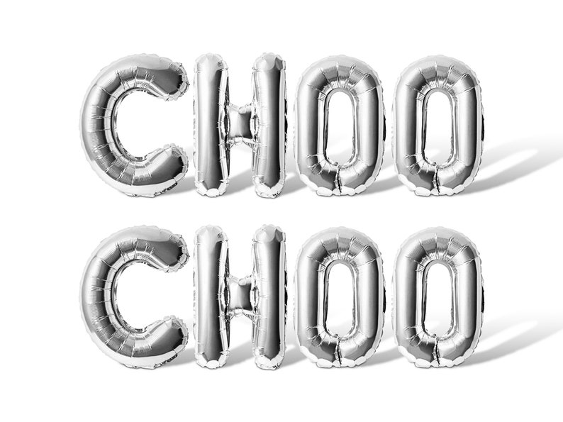 May include: Silver foil balloons spelling out the word "CHOO CHOO" in all caps.