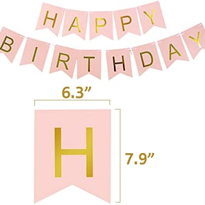May include: Pink and gold happy birthday banner with gold letters on pink pennants. Each pennant measures 6.3 inches wide and 7.9 inches tall.