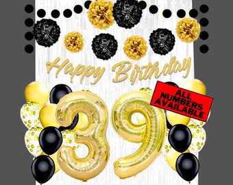 Gold & Black 39th Birthday Decorations for Women - 40" Number Balloons, Banner, Foil Curtains, Balloons, Pom Poms - 39th Party Supplies