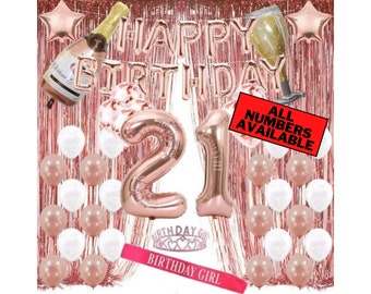 21st Birthday Rose Gold Decorations Incl. 40" Number "21" Balloons, 16" Happy Birthday Balloons, Latex Balloons, Foil Curtains, Tiara & Sash