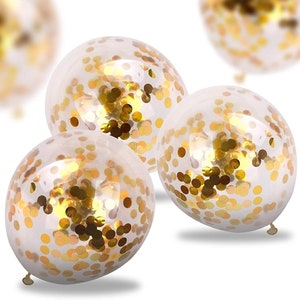 May include: Three clear balloons filled with gold confetti. The balloons are round and have a shiny finish.