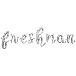 May include: Silver foil balloons spelling out the word "freshman".