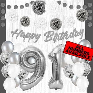 Silver & White 91st Birthday Decorations for Women - 40&quot; Number Balloons, Banner, Foil Curtains, Balloons, Pom Poms - 91st Party Supplies