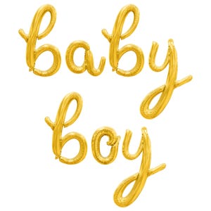 May include: Gold foil balloons spelling out "Baby Boy" in a cursive script.