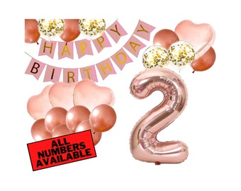 2nd Birthday Decorations For Her - Pink and Rose Gold - 2nd Birthday Balloons, Banner, Heart and Confetti Balloons - 2 Birthday Decor