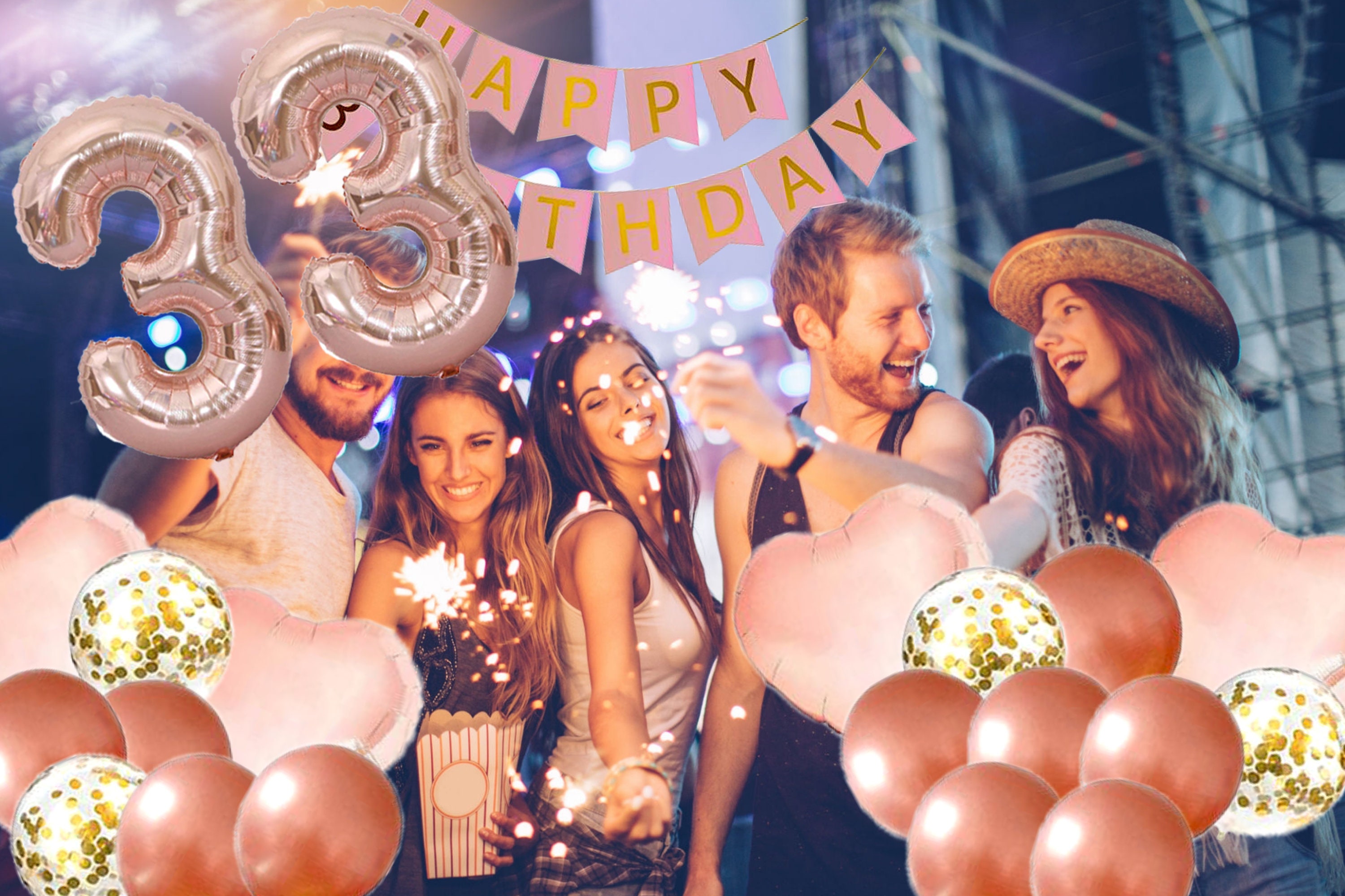 Rosegold Ballon-Set „33“ – Mit Zahlen, Herzen, Sternen & Konfetti, Für Geburtstag & Party