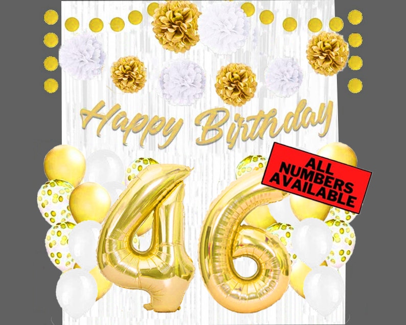 Palloncino Numero 46 Oro XXL 80cm + Striscione Happy Birthday Per Compleanno Donna, Decorazioni In Foil