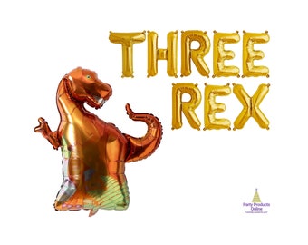 May include: Gold foil letter balloons spelling "THREE REX" with an orange dinosaur balloon.