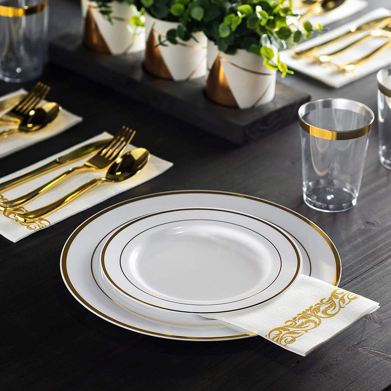 350 Piece Gold Dinnerware Set 100 Gold Rim Plates 150 Etsy