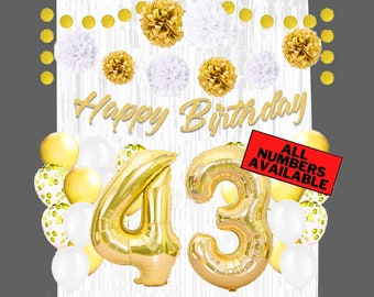 Gold & White 43rd Birthday Decorations for Women - 40" Number Balloons, Banner, Foil Curtains, Balloons, Pom Poms - 43rd Party Supplies