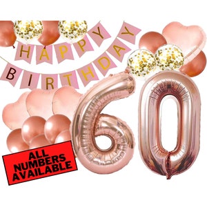 May include: Rose gold balloon decorations for a 60th birthday party. The set includes two large number balloons, a banner that says "Happy Birthday", and a variety of smaller balloons in rose gold and confetti.