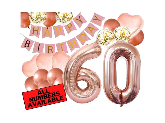 60th Birthday Decorations For Her - Pink and Rose Gold - 60th Birthday Balloons, Banner, Heart and Confetti Balloons - 60 Birthday Decor