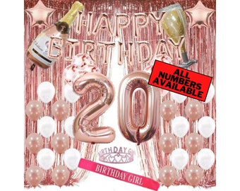 20th Birthday Rose Gold Decorations Incl. 40" Number "20" Balloons, 16" Happy Birthday Balloons, Latex Balloons, Foil Curtains, Tiara & Sash