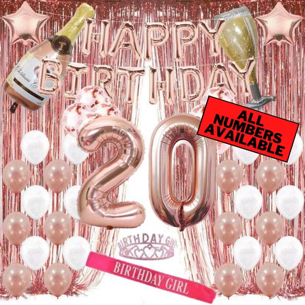 20th Birthday Rose Gold Decorations Incl. 40" Number "20" Balloons, 16" Happy Birthday Balloons, Latex Balloons, Foil Curtains, Tiara & Sash