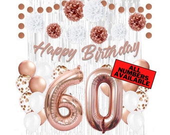 Rose Gold 60th Birthday Decorations for Women - 40" Number Balloons, Banner, Silver Foil Curtains, Balloons, Pom Poms - 60th Party Supplies