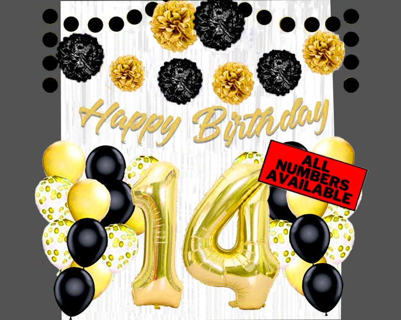 Jxuzh 14. Palloncini decorativi per compleanno, per ragazzi e ragazze, colore nero, argento, 14 anni, decorazione per compleanno, numero gigante, 14 palloncini in pellicola 14. Happy Birthday