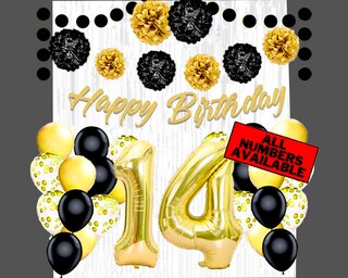 Decorazioni Per 14° Compleanno Ragazzo – Tema Nero E Argento Con Palloncini Numeri Giganti, Ghirlanda Happy Birthday, Gagliardetti, Vortici E Topper Per Cupcake, Kit Festa Completo