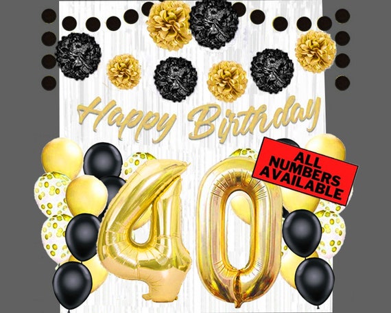 Decoraciones de cumpleaños número 40 para hombres y mujeres, kit de  decoración de fiesta en negro y dorado, pancarta de feliz cumpleaños,  globos